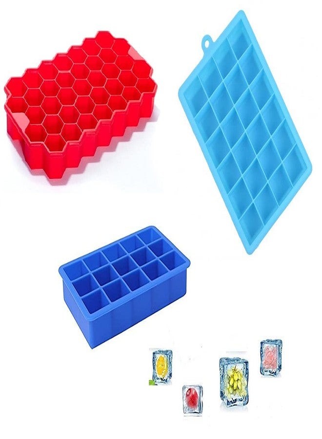 Birud 3 Different Size Square 15,24 Ice and Honeycomb Shape 37 Ice Cube Mold Reusable Silicone Flexible Chocolate Cake Maker for Drinking Chilled (Multicolor) - Image 1